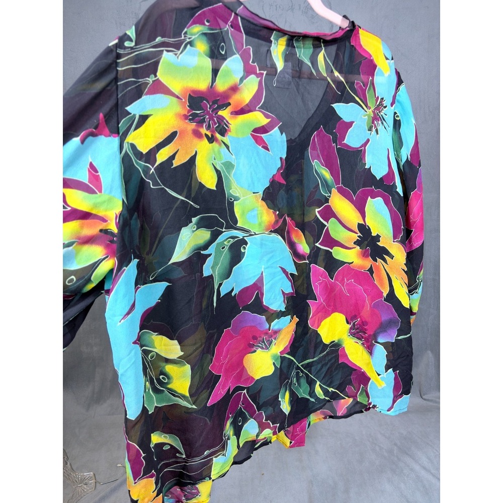 Soft Surroundings 3X Black Semi Sheer Tropical 3/4 Sleeve 100% Silk Blouse - Picture 4 of 15